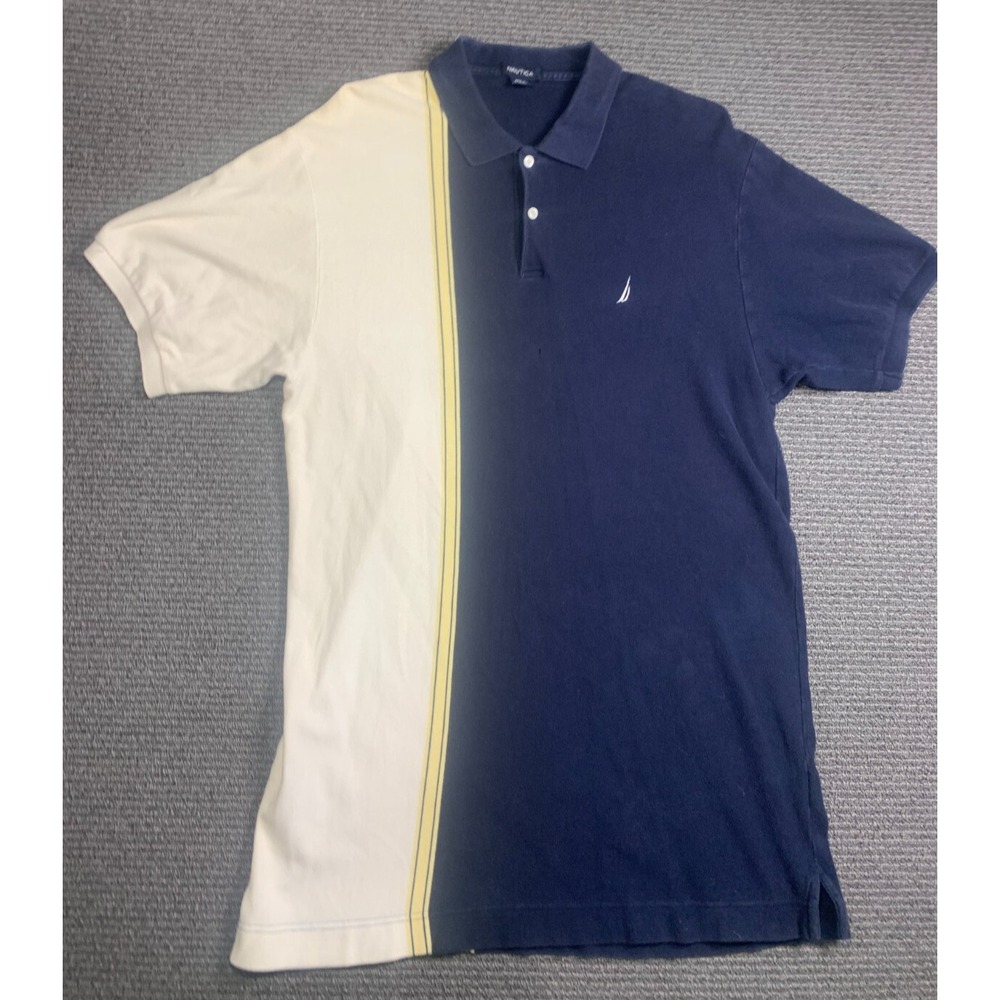 VTG 90's Nautica Polo Shirt Men’s XXL Navy Blue/White Yellow Stripe Short Sleeve